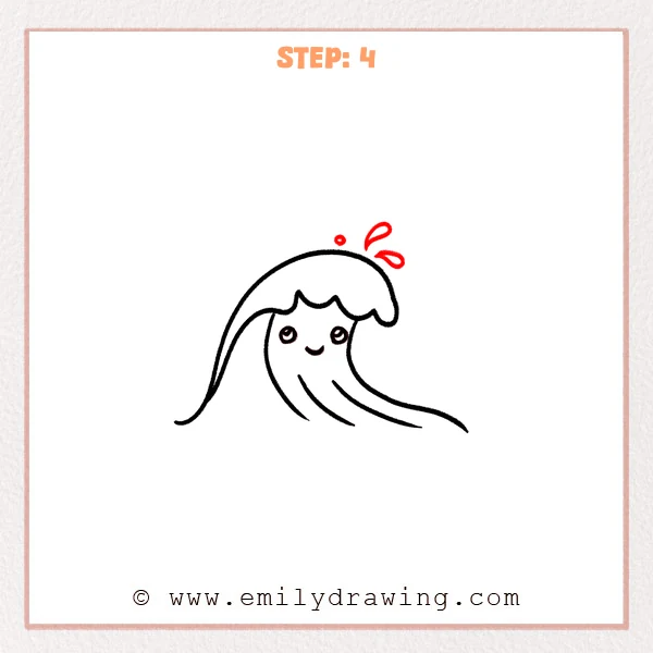 how to draw a cartoon ocean - Step 4 adds small splash droplets above the cartoon ocean wave crest, giving the character wave extra motion and energy.